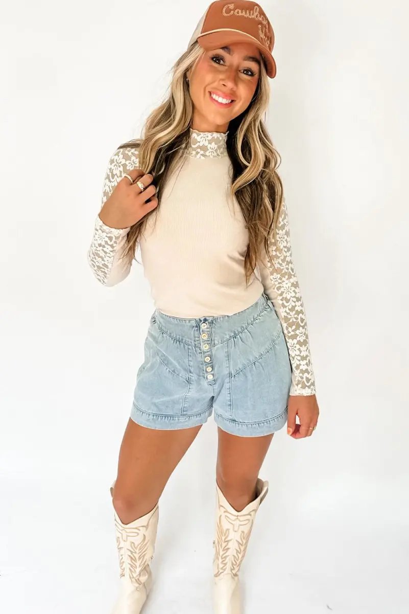 Beige Floral Lace Patchwork Long Sleeve High Neck Slim Top - Love Salve